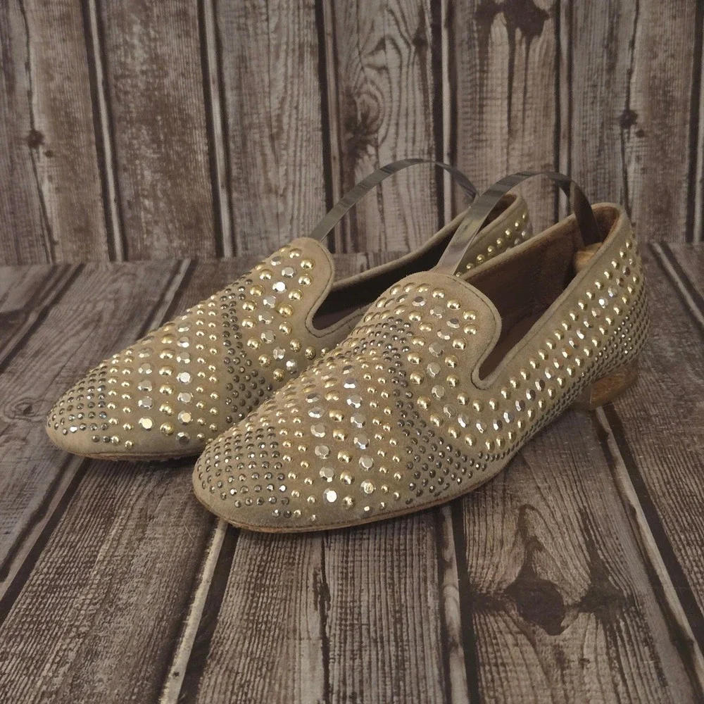 Sz 6 M Donald‎ J Pliner Henley Studded Suede Loafers Tan Gold Silver Shoes VGUC